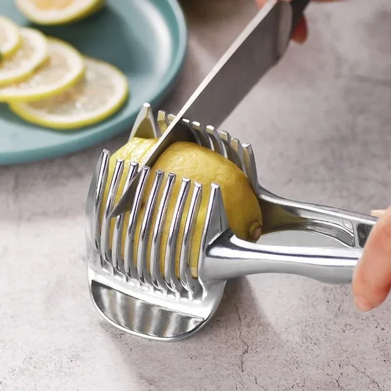 Kitchen Gadgets Handy Stainless Steel Onion Holder Potato Tomato Slicer Vegetable Fruit Cutter Safety Cooking Tools Accessories